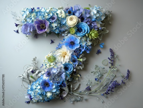 Floral number seven composed of gradient blue flowers including hydrangeas, roses and anemones with green foliage on light gray background, elegant botanical art