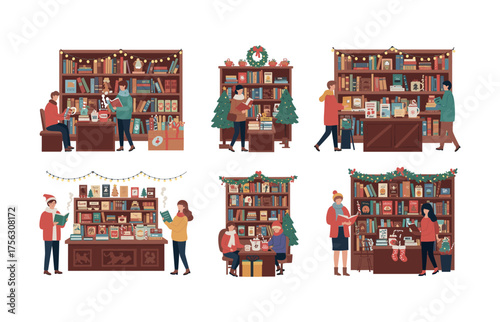 Holiday bookstore shopping scenes for festive marketing and design