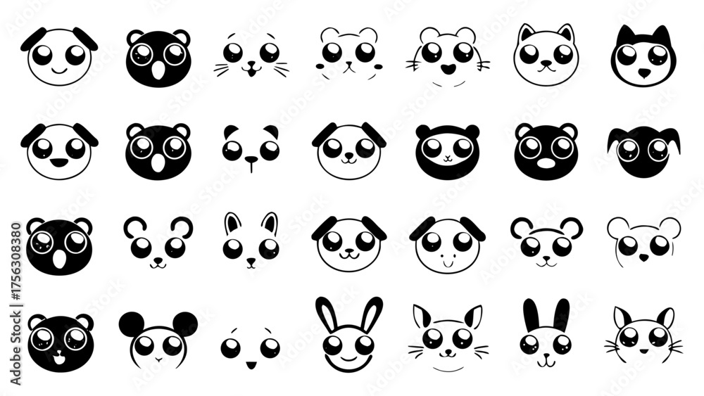 Obraz premium A cute assortment of cartoon animal faces with expressive eyes and simple mouth shapes, include cats, dogs, bears, and rabbits, showing happiness, curiosity, and surprise.