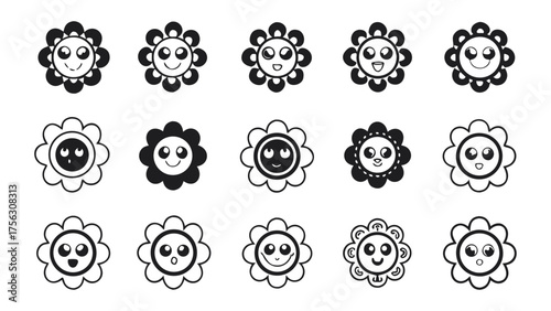 A collection of adorable cartoon flower faces with big expressive eyes in the center of blossoms.