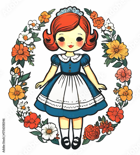 vintage doll in traditional costume and flower wreath cartoon vector illustration
