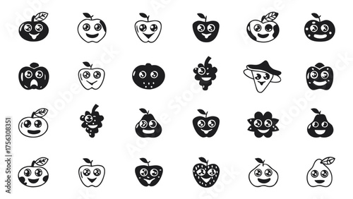 A collection of cute cartoon fruit faces — apples, bananas, strawberries, and grapes — each with expressive eyes and mouths.