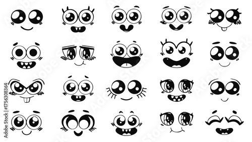 A collection of hand-drawn cartoon faces inspired by fantasy characters like fairies, wizards, dragons, and elves