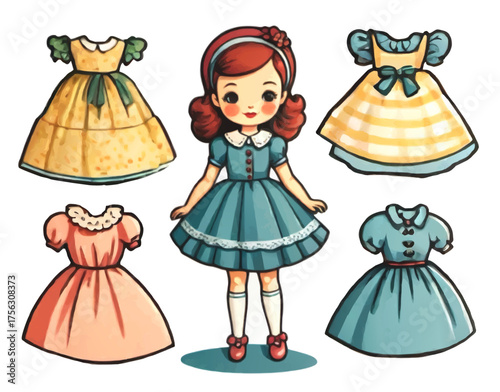 vintage cartoon paper doll model with dresses vector illustration
