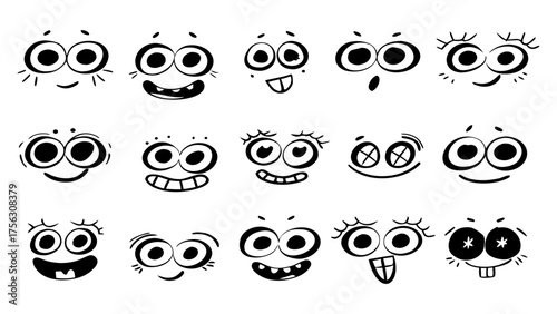 A collection of random, hand-drawn doodle faces full of quirky emotions. Each has large eyes, wiggly lines, and playful imperfections.