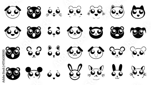 A cute assortment of cartoon animal faces with expressive eyes and simple mouth shapes, include cats, dogs, bears, and rabbits, showing happiness, curiosity, and surprise.
