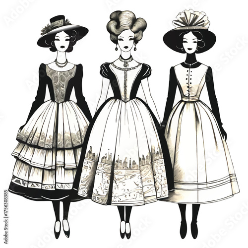 lady models in traditional clothing vector pencil sketch illustration