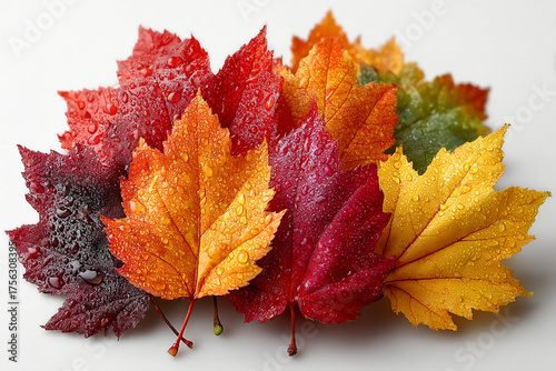 Collection of vibrant red, orange, and yellow autumn maple leaves isolated on white background — fall season concept