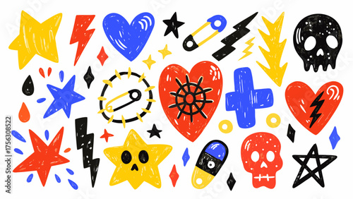 Punk cartoon doodle sticker collection with pencil rough texture. Hand drawn colorful vector tattoo illustrations. Funky black cats, rock'n'roll skulls, mystical eyes.