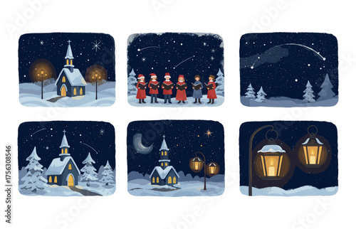 Winter holiday and festive night icons for seasonal designs