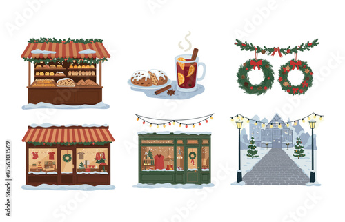 Cozy winter holiday market and festive decor icons for seasonal design