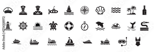 Maritime and nautical icon set. Vector glyph pictograms of ship, anchor, compass, lighthouse, dolphin, sailing, marine life, ocean travel black silhouette illustration. vector illustration eps file