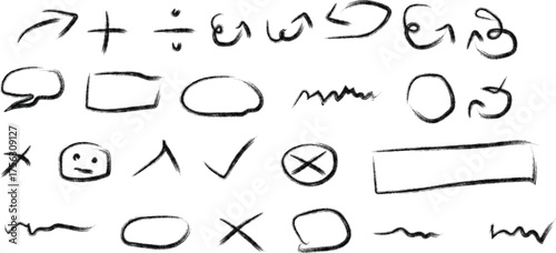 Collection of hand drawn doodle symbols and icons including arrows mathematical signs shapes and faces on white background