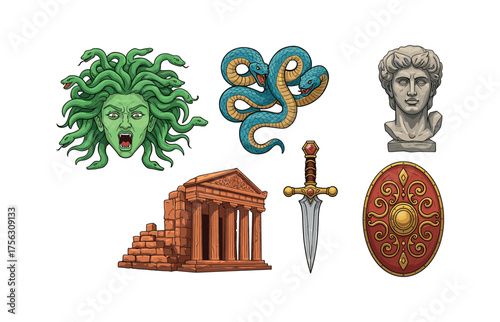 Ancient greek and roman mythological icons for historical and educational design