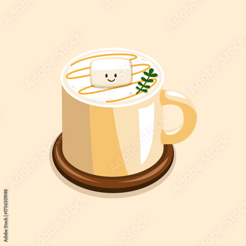 Cup of hot coffee with a smiling marshmallow floating on top, perfect for cafe illustrations, beverage branding, and cozy concepts. Cute Flat Illustration.