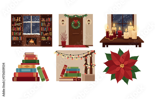 Cozy winter holiday ambiance icons for seasonal decor and design