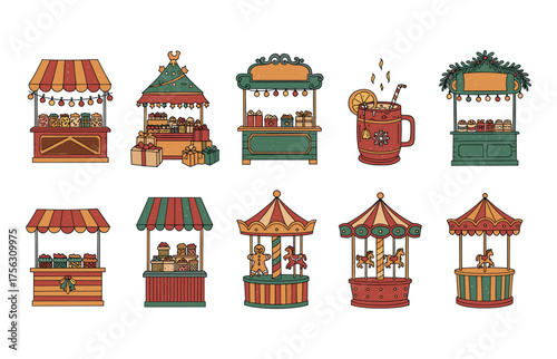 Festive carnival market and carousel icon set for event design and decoration