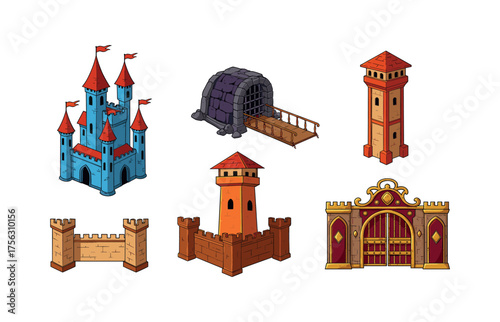 Medieval fortress and castle architecture icons for game design