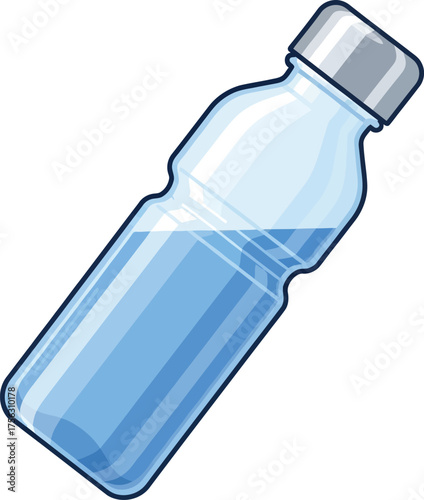 A clear plastic bottle, partially filled with light blue liquid, likely water, with a grey screw cap, tilted on a white background.