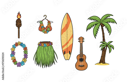 Hawaiian luau celebration icon set for tropical design projects