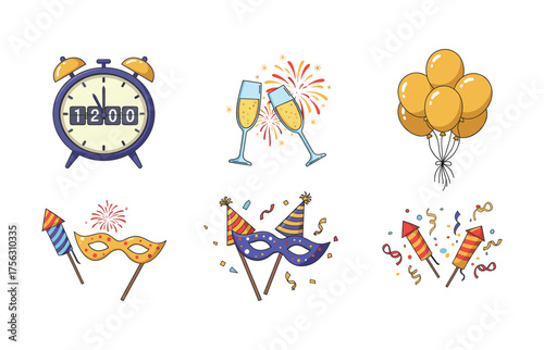 Celebration and festive icons for party planning and new year events