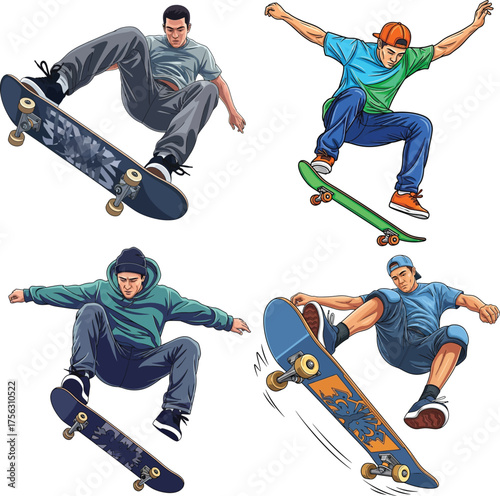 Set of four dynamic vector illustrations of young men performing skateboarding tricks and jumps in mid-air