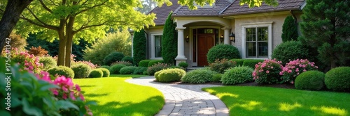 Stunning curb appeal achieved with lush greenery, vibrant flowers, and a meticulously manicured lawn Creates a welcoming and inviting atmosphere for any home , beautiful, spring