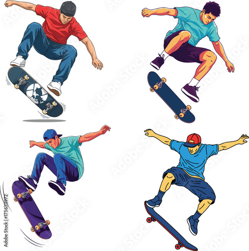 Dynamic set of four illustrations featuring young men performing skateboard tricks, capturing the energetic spirit of urban street sport culture