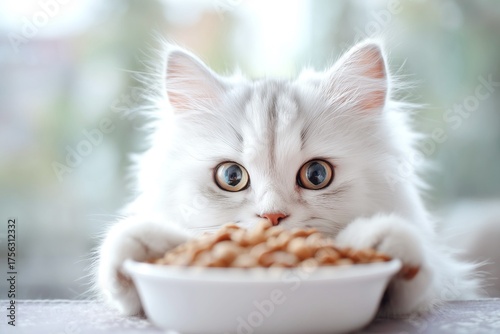 A cat is hugging a bowl of food with its paws. Cat food advertisement, cat food bowl advertisement with text space.