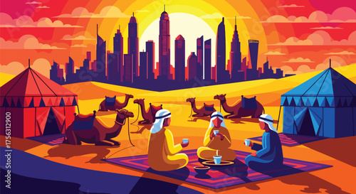 Vector art of people drinking tea in a desert camp with camels and a futuristic Dubai city skyline in the background, symbolizing Middle Eastern culture, tradition, and modernity