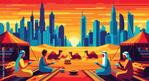 Vector art of people drinking tea in a desert camp with camels and a futuristic Dubai city skyline in the background, symbolizing Middle Eastern culture, tradition, and modernity