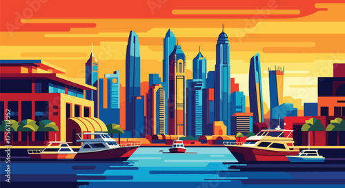 Vector art of a modern marina with yachts and futuristic skyscrapers at sunset, inspired by Dubai’s skyline, symbolizing luxury travel, business, and urban lifestyle