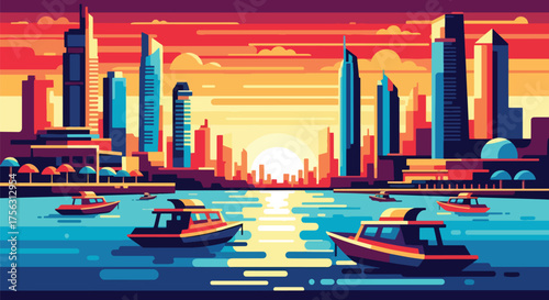 Vector art of a modern marina with yachts and futuristic skyscrapers at sunset, inspired by Dubai’s skyline, symbolizing luxury travel, business, and urban lifestyle