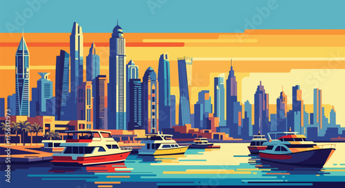 Vector art of a modern marina with yachts and futuristic skyscrapers at sunset, inspired by Dubai’s skyline, symbolizing luxury travel, business, and urban lifestyle