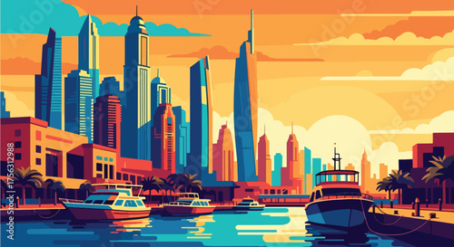 Vector art of a modern marina with yachts and futuristic skyscrapers at sunset, inspired by Dubai’s skyline, symbolizing luxury travel, business, and urban lifestyle