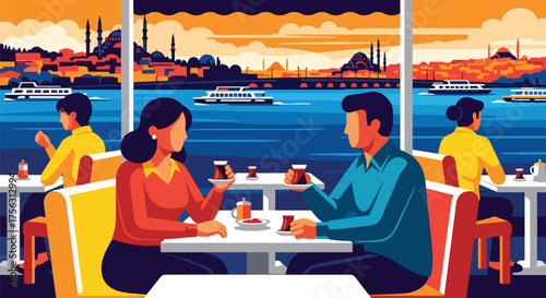 Vector art of people enjoying tea at a waterfront café overlooking Istanbul with boats on the Bosphorus, showcasing travel, culture, and scenic urban lifestyle