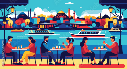 Vector art of people enjoying tea at a waterfront café overlooking Istanbul with boats on the Bosphorus, showcasing travel, culture, and scenic urban lifestyle