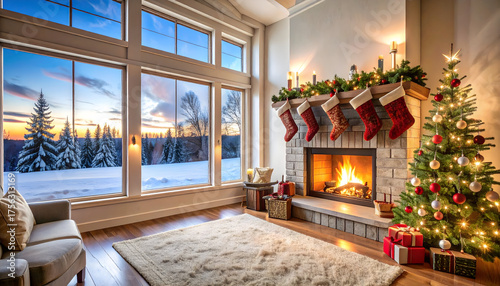 Cozy Living Room with Glowing Fireplace and Christmas Tree Overlooking Snowy Winter Landscape