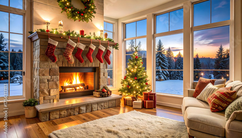 Cozy Living Room with Stone Fireplace, Christmas Tree and Winter Scenery at Sunset