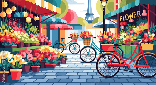 Vector art of a charming European flower market with colorful stalls and bicycles on a cobblestone street, evoking springtime, travel, and romantic urban lifestyle