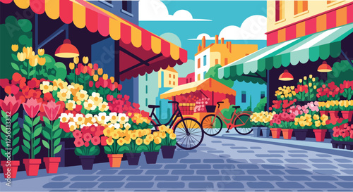Vector art of a charming European flower market with colorful stalls and bicycles on a cobblestone street, evoking springtime, travel, and romantic urban lifestyle