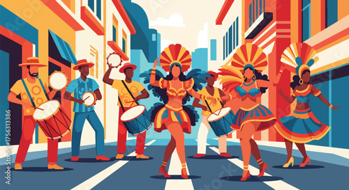 Vector art of dancers and musicians celebrating a lively street carnival in Brazil, featuring samba costumes, drums, and festive energy inspired by Rio de Janeiro culture