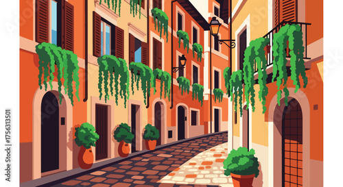 Vector art of a charming Italian alley with colorful buildings, balconies, and hanging plants, evoking Mediterranean architecture, travel, and romantic old-town atmosphere