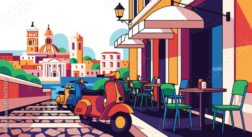 Vector art of people dining at an outdoor café in Rome with scooters parked on a charming cobblestone street, capturing Italian culture, travel, and Mediterranean lifestyle