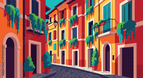 Vector art of a charming Italian alley with colorful buildings, balconies, and hanging plants, evoking Mediterranean architecture, travel, and romantic old-town atmosphere