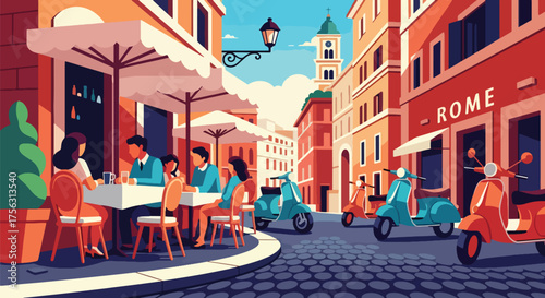 Vector art of people dining at an outdoor café in Rome with scooters parked on a charming cobblestone street, capturing Italian culture, travel, and Mediterranean lifestyle