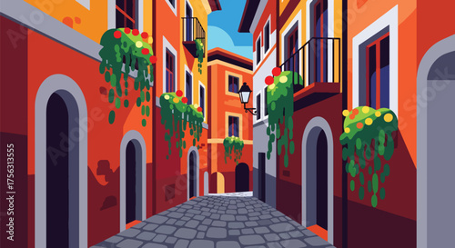 Vector art of a charming Italian alley with colorful buildings, balconies, and hanging plants, evoking Mediterranean architecture, travel, and romantic old-town atmosphere