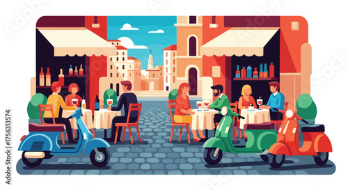 Vector art of people dining at an outdoor café in Rome with scooters parked on a charming cobblestone street, capturing Italian culture, travel, and Mediterranean lifestyle