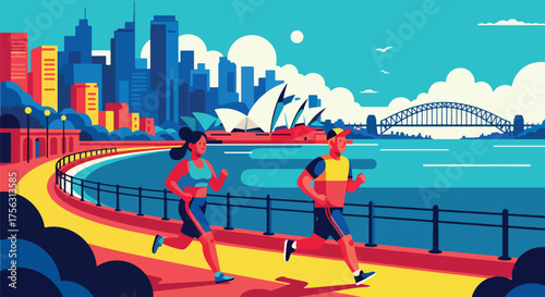 Vector art of a couple jogging along Sydney Harbour with the Opera House and Harbour Bridge in view, representing fitness, travel, and healthy urban lifestyle