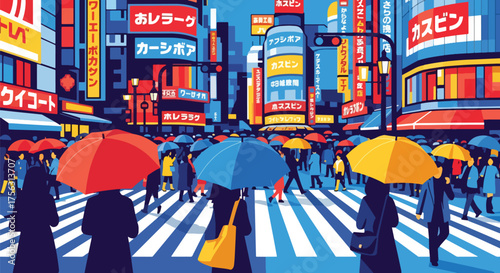 Vector art of people with umbrellas crossing a busy city street in Japan, surrounded by bright billboards and urban lights, symbolizing modern lifestyle and city energy